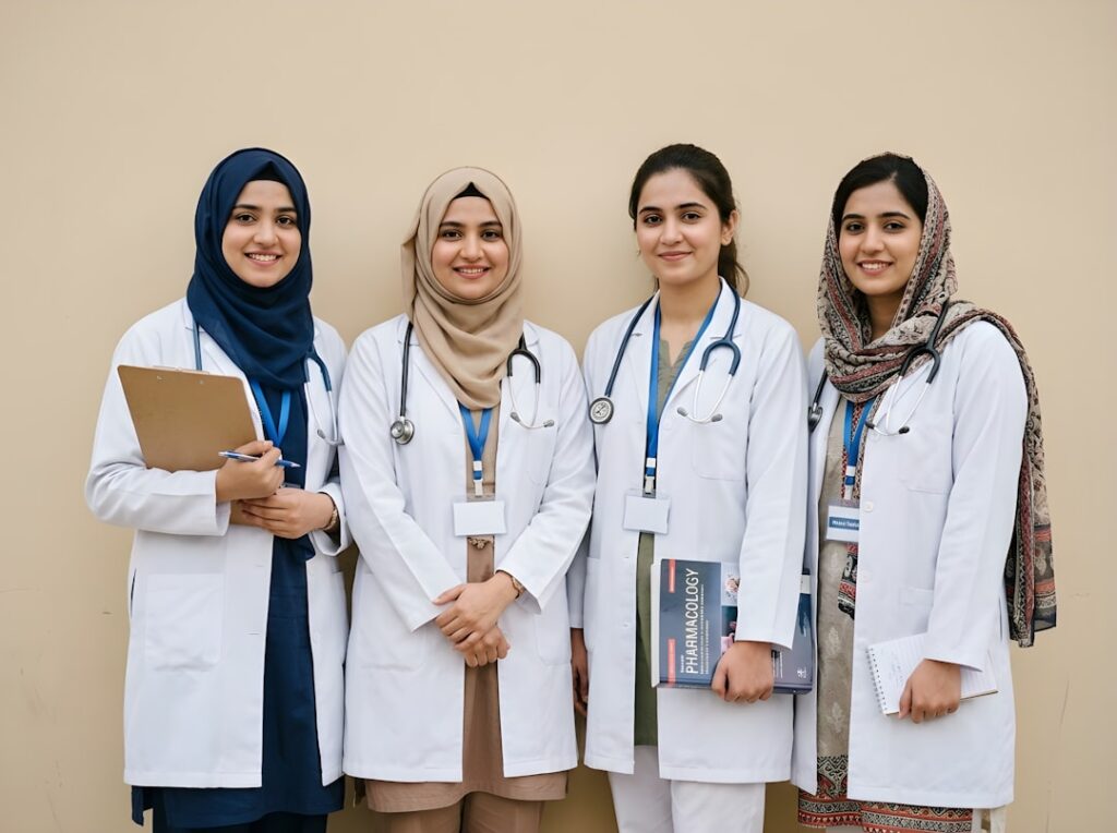 Medical students in white coats discussing patient charts together around a table in a classroom.