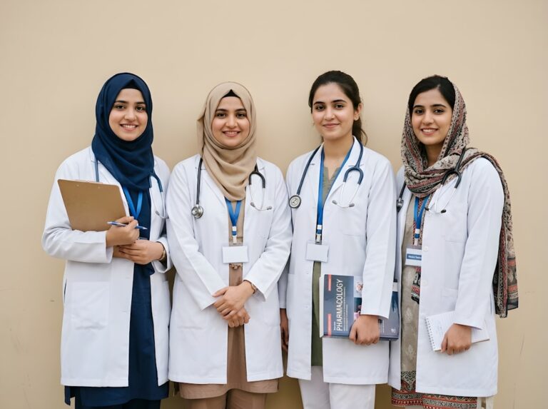 Medical students in white coats discussing patient charts together around a table in a classroom.
